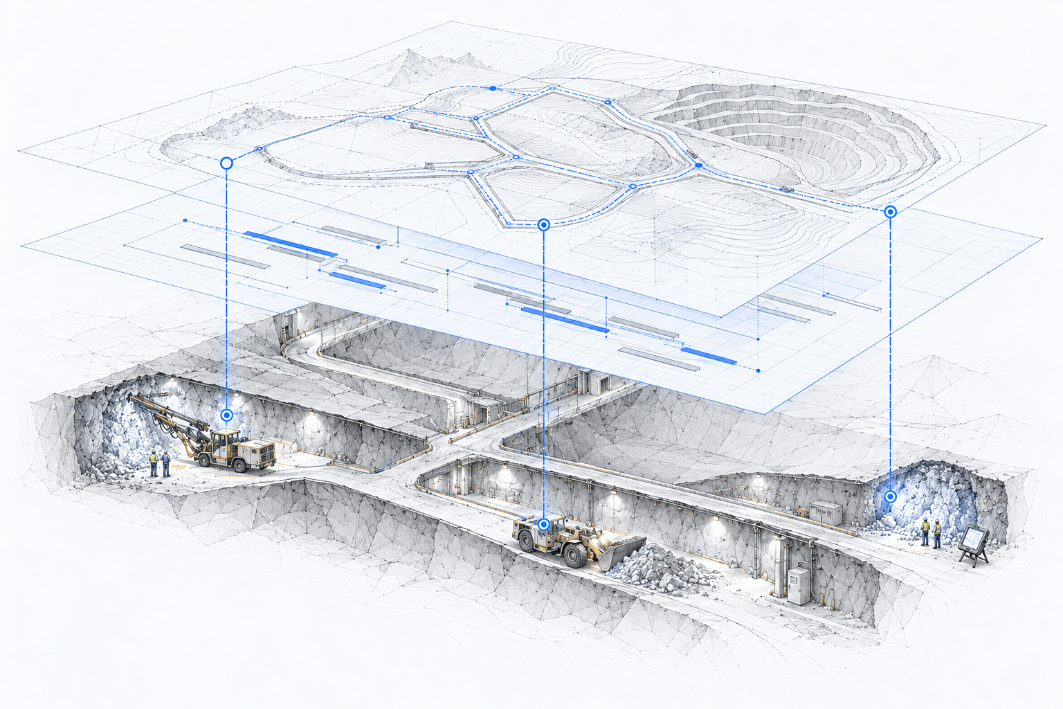 An engineering drawing connecting a surface mine, work planning and underground execution through blue paths.