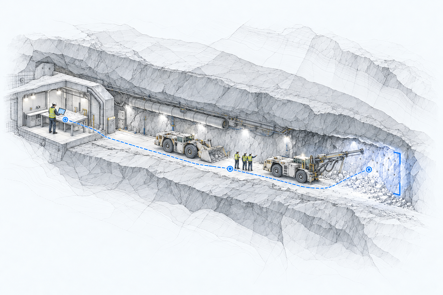 Engineering illustration connecting a supervisor's work area, people and equipment, and an underground work face with one blue operational path.