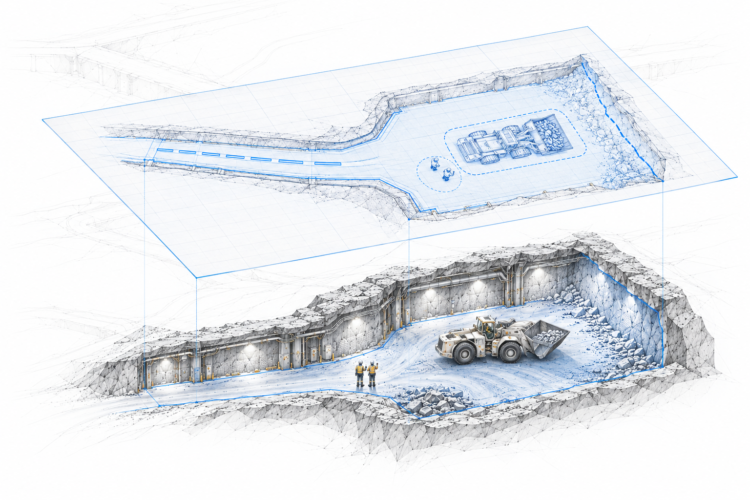 Conceptual engineering illustration aligning an underground work area with a blue tracing of the same location, bringing work, equipment and field context into one view.